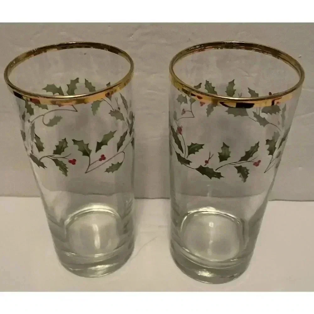 Lenox Holly & Berry Holiday Tall Glass Gold Trim‎ Set Of 2  6.25”H x 2 7/8”W